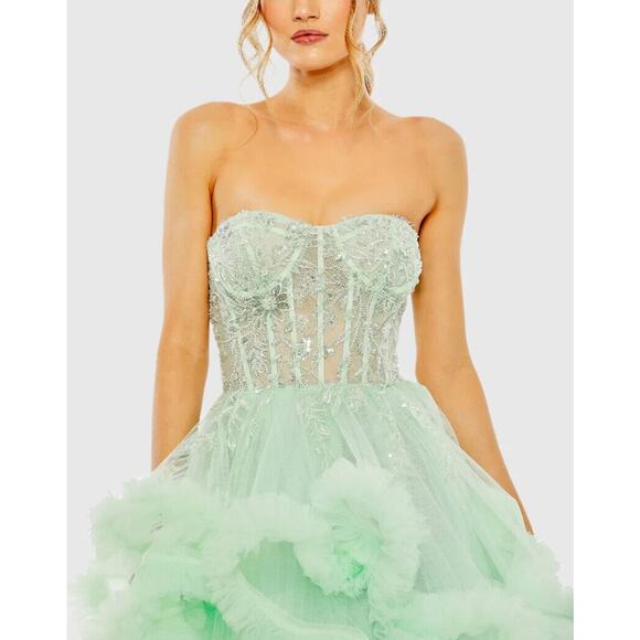 NEW MAC DUGGAL 20542 STRAPLESS CORSET DETAIL TULLE LAYERED GOWN AQUA $998 SZ 6 - Picture 2 of 5